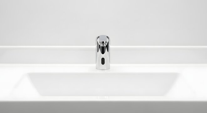 Chrome automatic faucet with black sensor on white sink