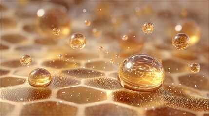 Close up of golden water droplets on a honeycomb textured surface