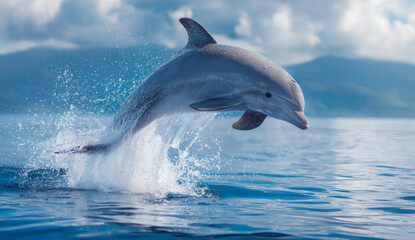 Fototapeta premium A joyful bottlenose dolphin leaping high out of blue tropical water with bright sunlight and white clouds above