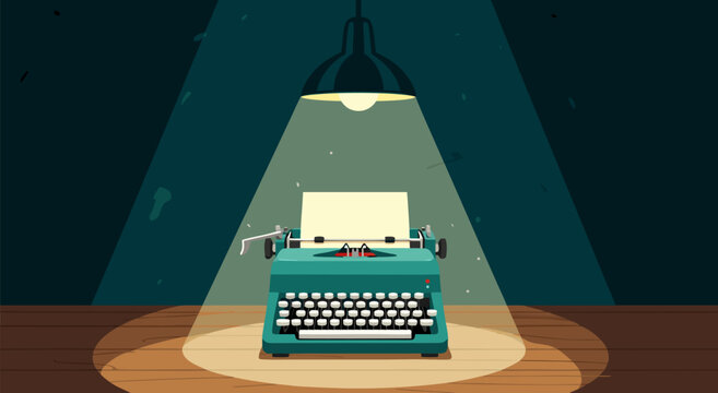 Vintage teal typewriter vector illustration under spotlight on wooden table