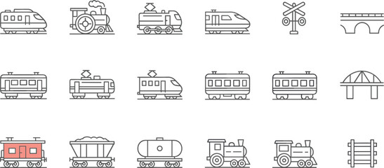 Train and Railway Transport Icon Set with Locomotive Wagon Metro Crossing Bridge and Track Vector Collection © Vactor Itbd