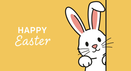 Obraz premium A cute Easter bunny peeking from behind a wall with 'Happy Easter' text in a playful modern vector style, perfect for greeting cards and festive decorations