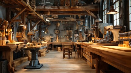 Fototapeta premium A wood shop with a lot of tools and a lot of wood