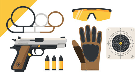 Flat design shooting range equipment collection, handgun pistol ammunition safety glasses glove target board and earmuffs for firearm training © Md Golam Shahariyar