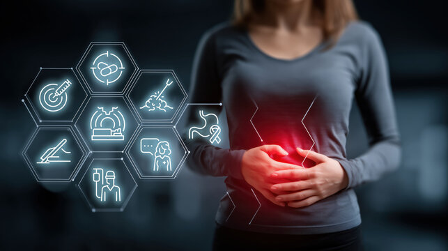 Painful woman holding stomach ache abdomen with digital health concept showing internal organ problem icons technology