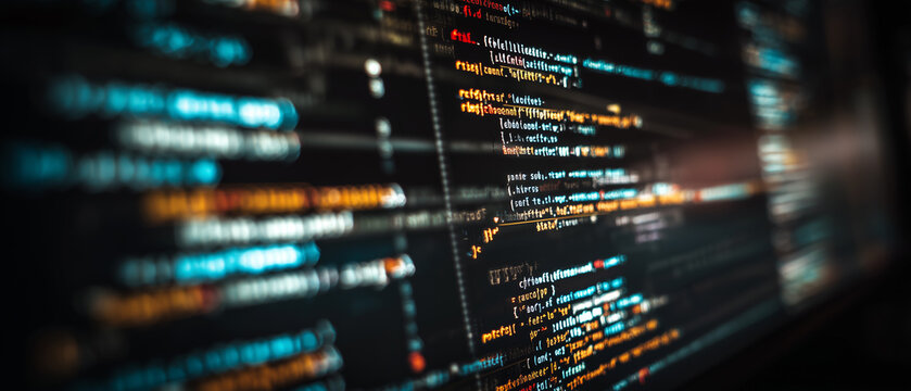 Abstract Software Source Code on Computer Screen with Bokeh Effect, Programming Script Data Background, Cyber Security and Information Technology Banner