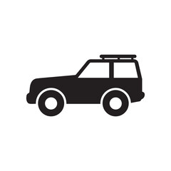 Simple black SUV car icon with roof rack and luggage carrier on white background for design and infographics