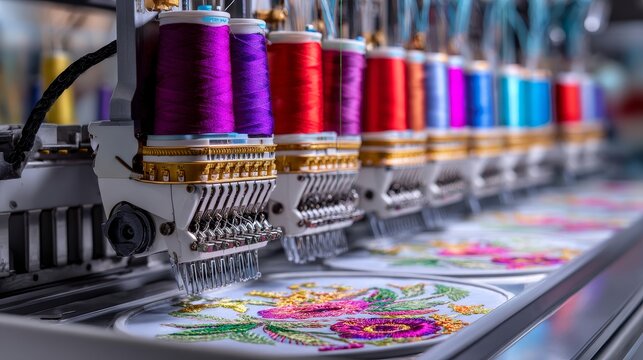 A machine is embroidering a flower pattern on a piece of fabric