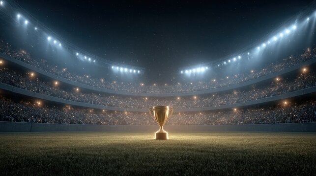 Golden trophy stands center field illuminated under stadium lights at night