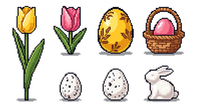 A collection of Easter-themed icons including tulips, decorative eggs, a basket, and a bunny in pixel art style, perfect for spring celebrations