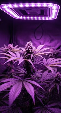Cannabis Plant Under LED Grow Light - A Close-Up View.