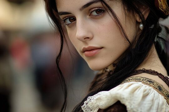 Close up of elegant maiden in medieval clothing