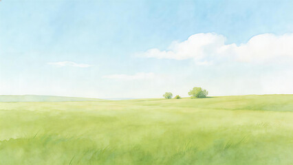 Fototapeta premium Watercolor-style landscape of a vast green meadow under a bright blue sky with fluffy clouds, featuring distant trees and gentle hills. Ideal for tranquil nature themes.