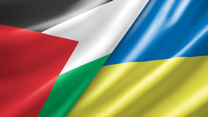 Obraz premium Palestine and Ukraine two national flags filling the entire frame, close-up view, edge-to-edge composition