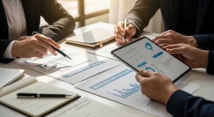 Business team analyzing data and reports in a meeting