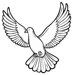 Obraz premium Black and white outline illustration of a peaceful dove in flight with wide-spread wings