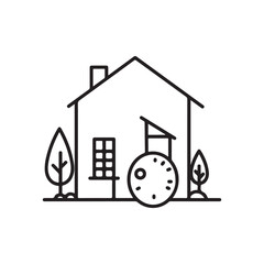 Simple line drawing of a house with a wind turbine and trees  ecofriendly home concept © BIBI