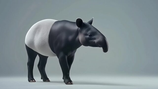 A Malayan tapir stands gracefully with its distinctive black and white coat on a plain grey studio background.
