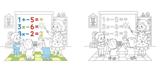 Coloring book page for kids featuring a kindergarten classroom scene with a teacher explaining math at the blackboard and happy children learning, vector outline and color example. © MMONIR