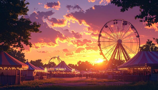 Sunset at a county fair, Ferris wheel, booths, and rides visible in the background.