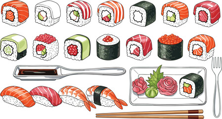 Large Sushi Platter Collection with Nigiri Maki Rolls Salmon Tuna Shrimp and Sashimi Japanese Cuisine Vector Illustration © MstLinaAkter