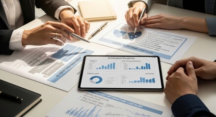 Business team reviewing AI adoption roadmap and data