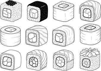 Hand Drawn Sushi Roll Collection with Maki Pieces and Assorted Japanese Cuisine Line Art Vector Illustration Set © MstLinaAkter
