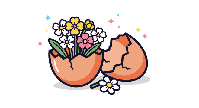 A cracked egg with colorful flowers emerging from it in a modern, playful vector style, perfect for spring and Easter designs