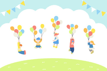 外で楽しそうに風船につかまって飛ぶこども達とガーランドのフラットなイラスト（セット） © Matsunoki
