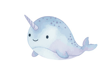 Cute Watercolor Narwhal Illustration. © Hato