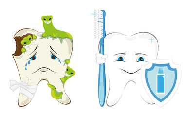 Healthy and diseased teeth. Cartoon characters for children - the concept of a healthy lifestyle