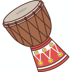 A djembe drum, a traditional African percussion instrument. It has a beige drumhead, a brown body with black rope-like crisscross patterns, and a red base decorated with white and yellow circular.