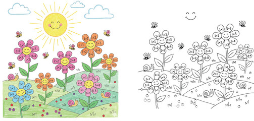 Educational math coloring book page for kids featuring cute smiling flowers with equations, bees, snails, and sun. Colored illustration and black line drawing side by side. © MMONIR
