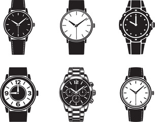 Analog Wrist Watch Icon Set in Flat Silhouette Style Vector