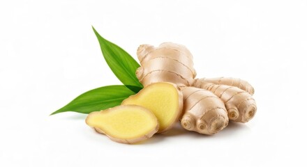 Fresh ginger root and leaves, isolated