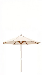 Isolated cream outdoor patio umbrella with wooden pole ready for summer relaxation or a BBQ