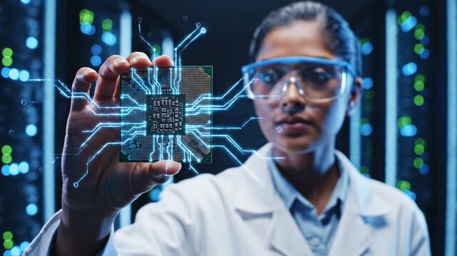 Female Scientist Holds Advanced Microchip with Blue Futuristic Circuitry in Server Room