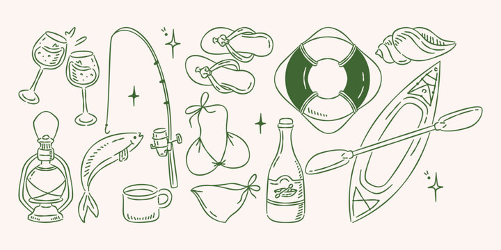 Hand drawn lake life and camping element set. Summer outdoor adventure doodle illustrations.