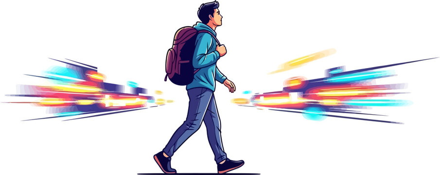 Dynamic and energetic backpacker walking rapidly amidst abstract light trails and motion blur in a high-impact vector art style
