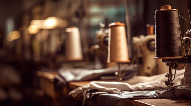 A sewing machine sits on a table with a spool of thread