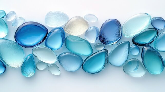 Geometric abstraction with overlapping shapes resembling water droplets on a clean background with blue and turquoise hues
