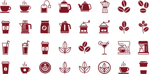 Coffee Shop Red Line and Glyph Icon Set with Cups Beans Kettle Grinder Espresso Machine and Cafe Beverage Symbols Vector Collection