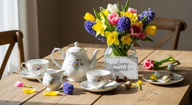 Spring flowers tea party setup with vintage teapot cups welcome sign on wooden table