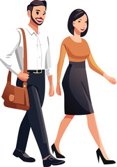 Fototapeta premium Vector illustration of a smiling man and woman walking together in office wear