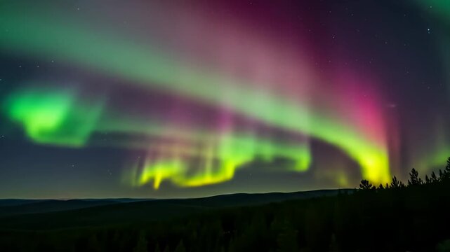 Vivid green and magenta aurora dances above a silhouetted forest and distant hills at night