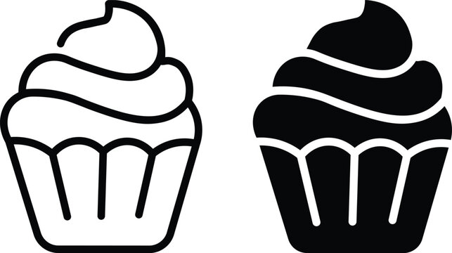 Two simple cupcake icons, one in outline style and one filled with solid black, representing dessert or bakery items.