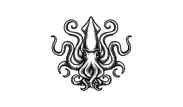 Giant squid kraken mascot woodcut tattoo vector nautical vintage emblem