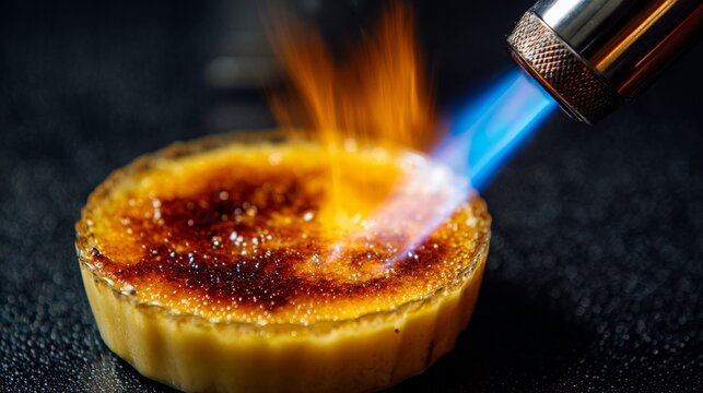 Br&ucirc;l&eacute;ed custard tart with caramelizing torch