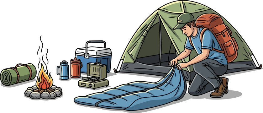 Organized camper arranging essential survival equipment and a sleeping bag outside a green tent in a tidy campsite in a clean graphic illustration