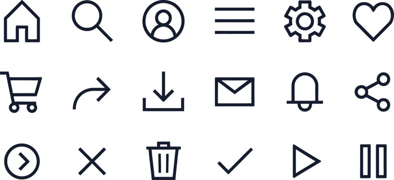 Web interface icon set. Includes home, search, user, settings, heart, shopping cart, download, email, notification, share, play, pause, and more symbols. Created in line style with black and